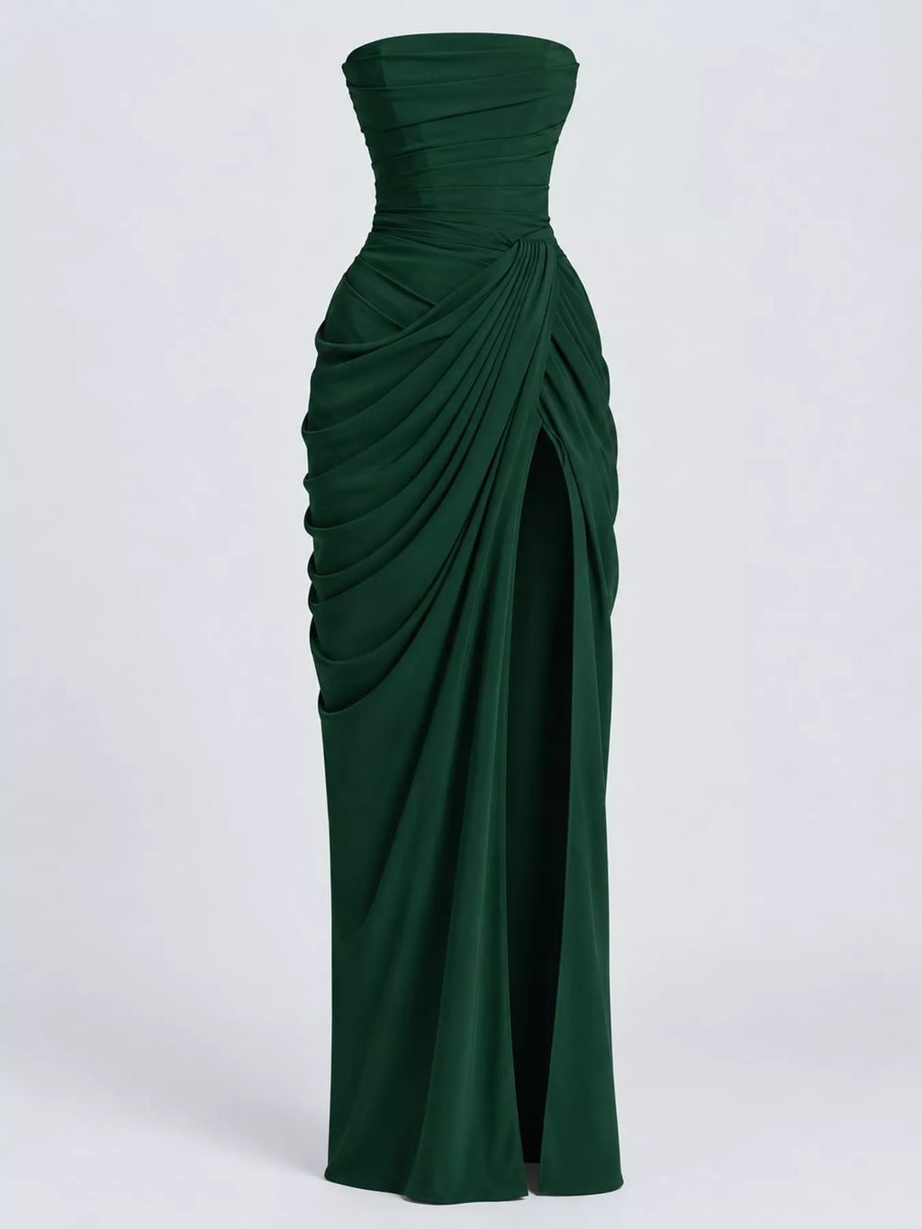 Strapless Ruched High-Slit Evening Dress