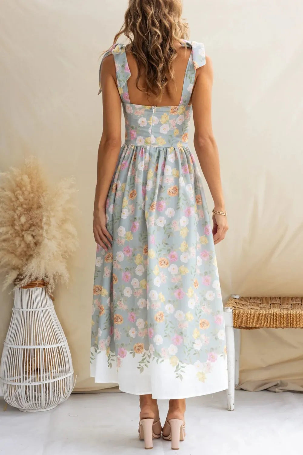 Printed Tie-Shoulder Cami Midi Dress