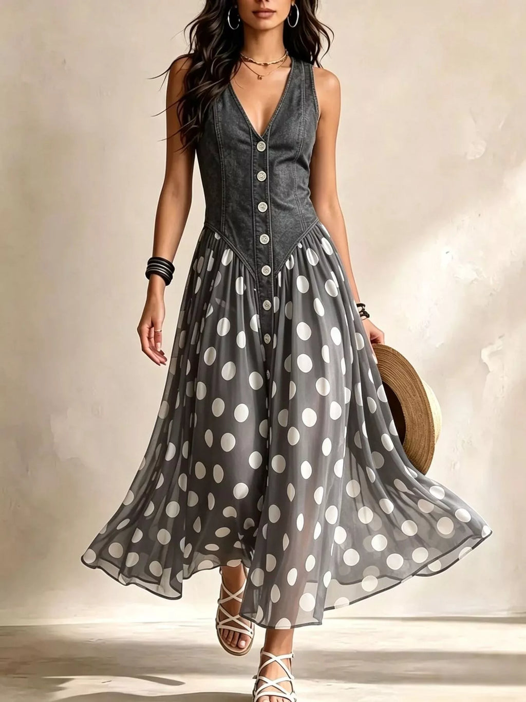 Polka-Dot V-Neck Sleeveless Maxi Dress, S–3XL