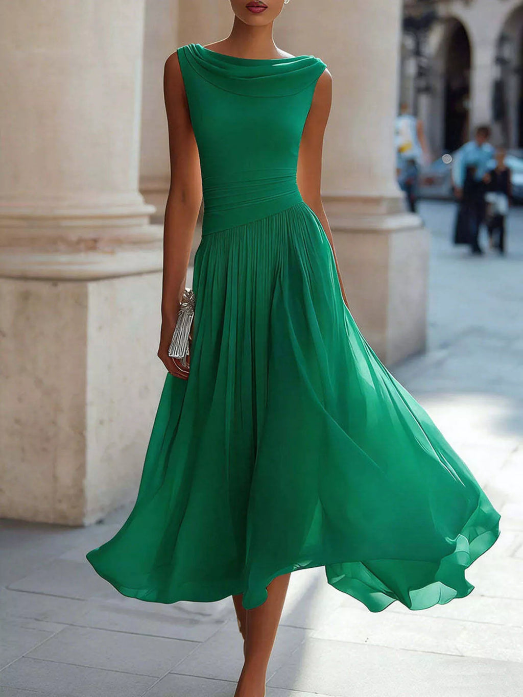 Draped-Neck Sleeveless Flared Midi Dress, S–3XL