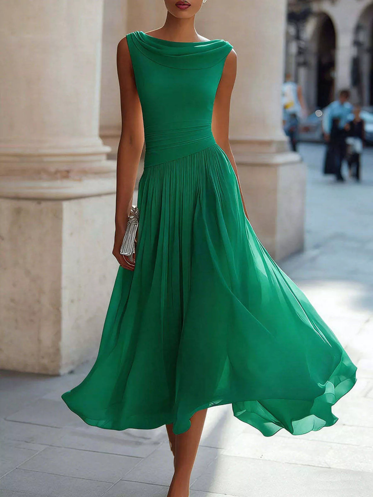 Draped-Neck Sleeveless Flared Midi Dress, S–3XL