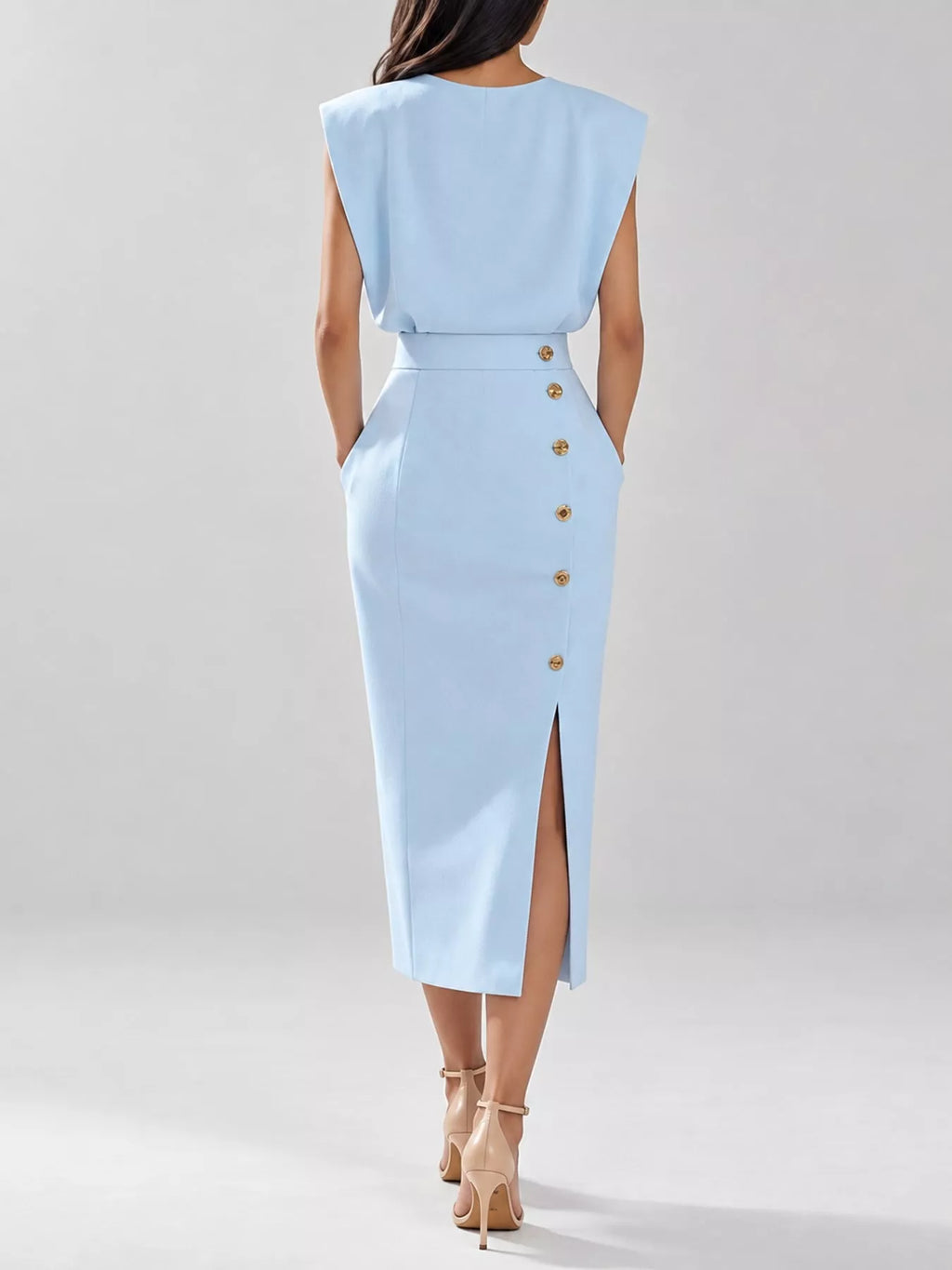 Sleeveless Gold-Tone Button-Detail Midi Dress