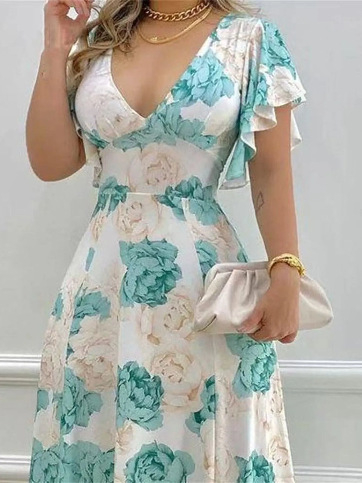 Plus Size Floral V-Neck Flutter-Sleeve Maxi Dress