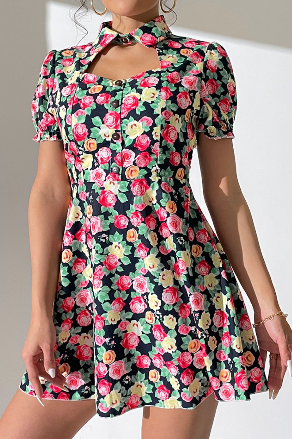 Floral Cutout Puff-Sleeve Mini Dress