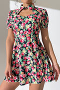Floral Cutout Puff-Sleeve Mini Dress