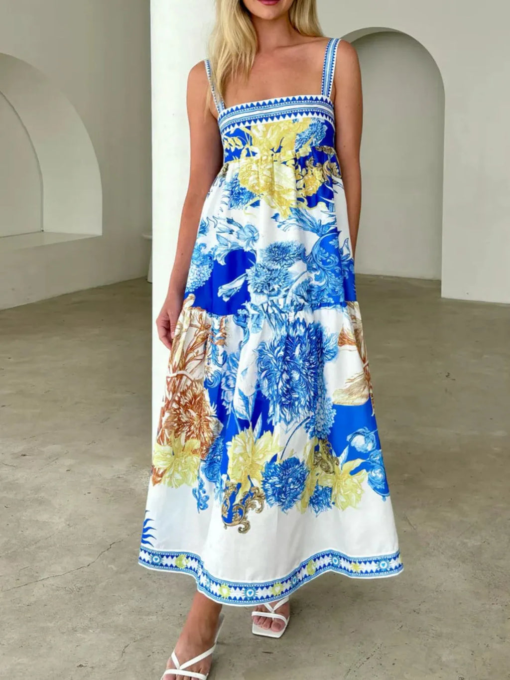 Blue Printed Sleeveless Cami Maxi Dress with Pockets