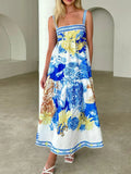 Blue Printed Sleeveless Cami Maxi Dress with Pockets