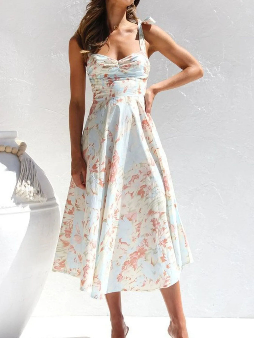 Floral Tie-Strap Sweetheart Midi Dress