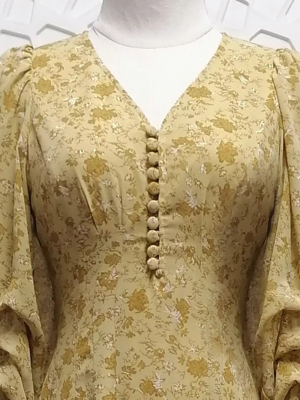 Yellow Floral V-Neck Long-Sleeve Midi Dress
