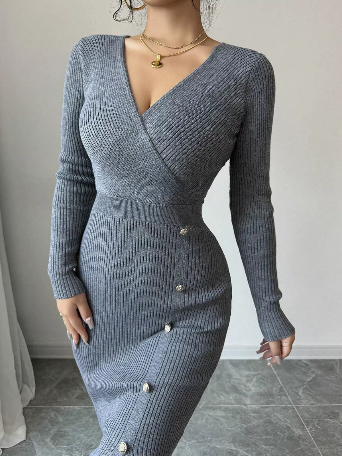 Ribbed Knit Sweater Dress with Decorative Buttons