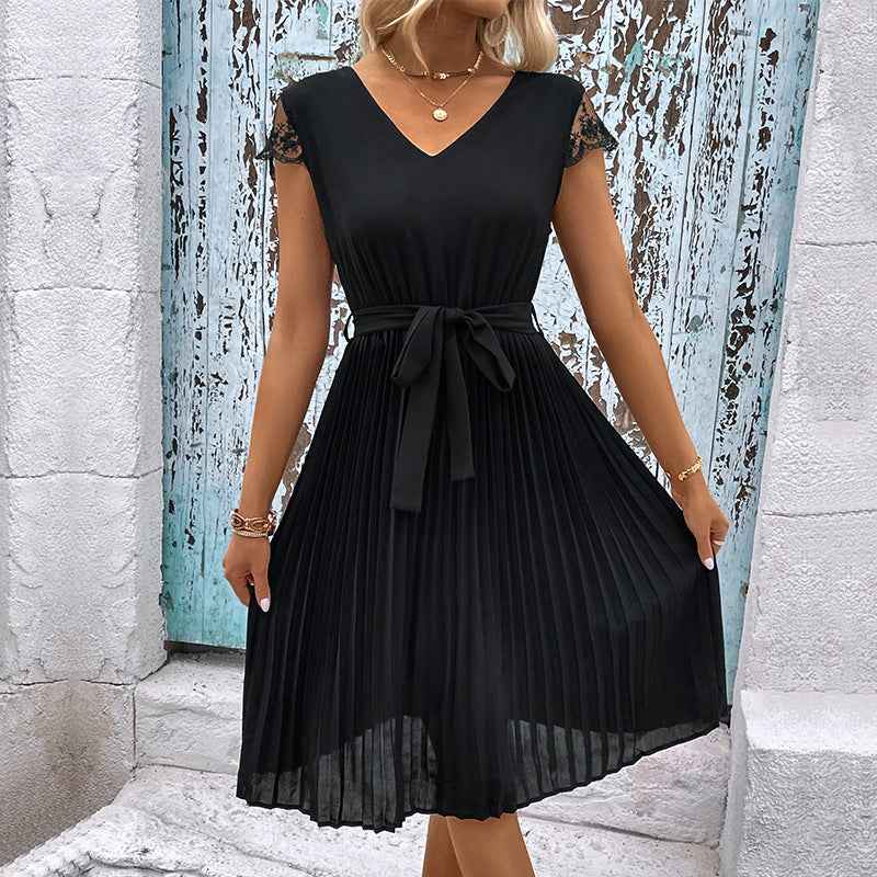 Black V-Neck Tie-Waist Pleated Dress