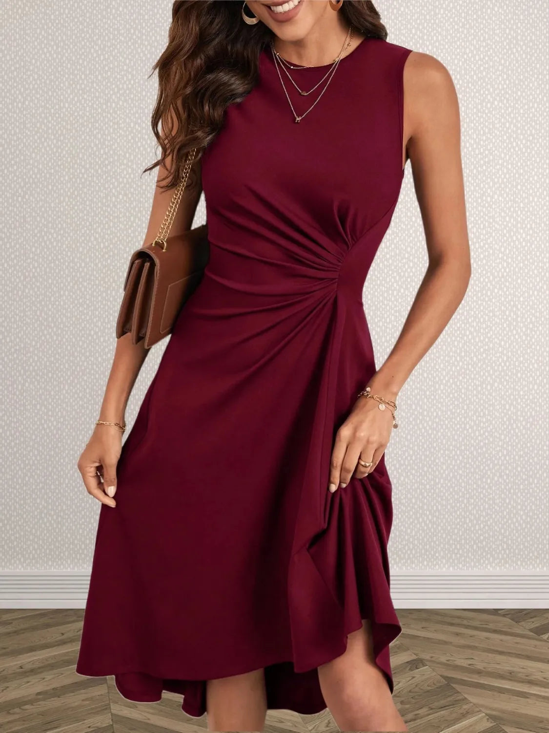 Ruched Round-Neck Sleeveless High-Low Midi Dress