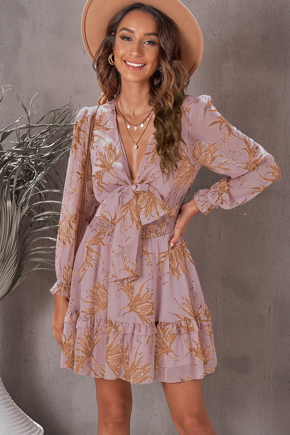 Floral Plunge-Neck Tie-Front Ruffle-Hem Mini Dress