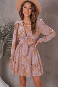 Floral Plunge-Neck Tie-Front Ruffle-Hem Mini Dress