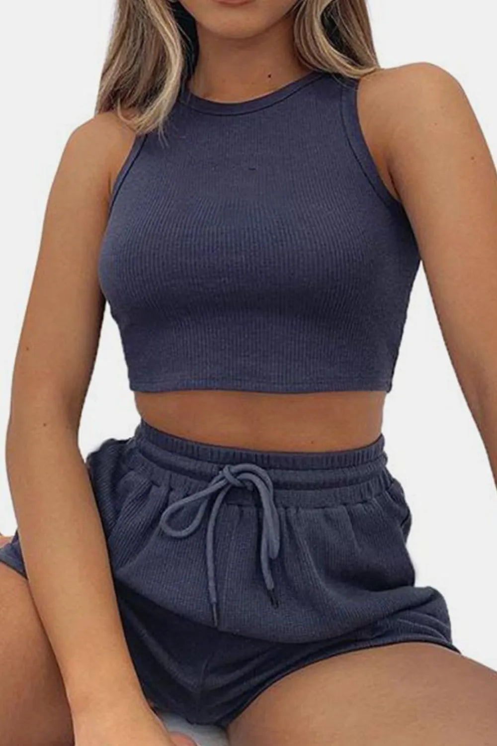 Round-Neck Crop Top & Drawstring Shorts Set