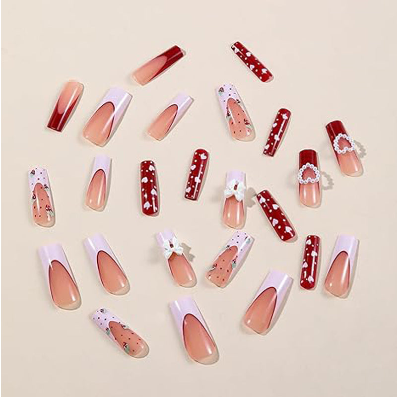 Strawberry Bow Press-On Nails – 24 PCS Long Square Head Shape | Cottagecore Y2K Design — Prime Trend Market