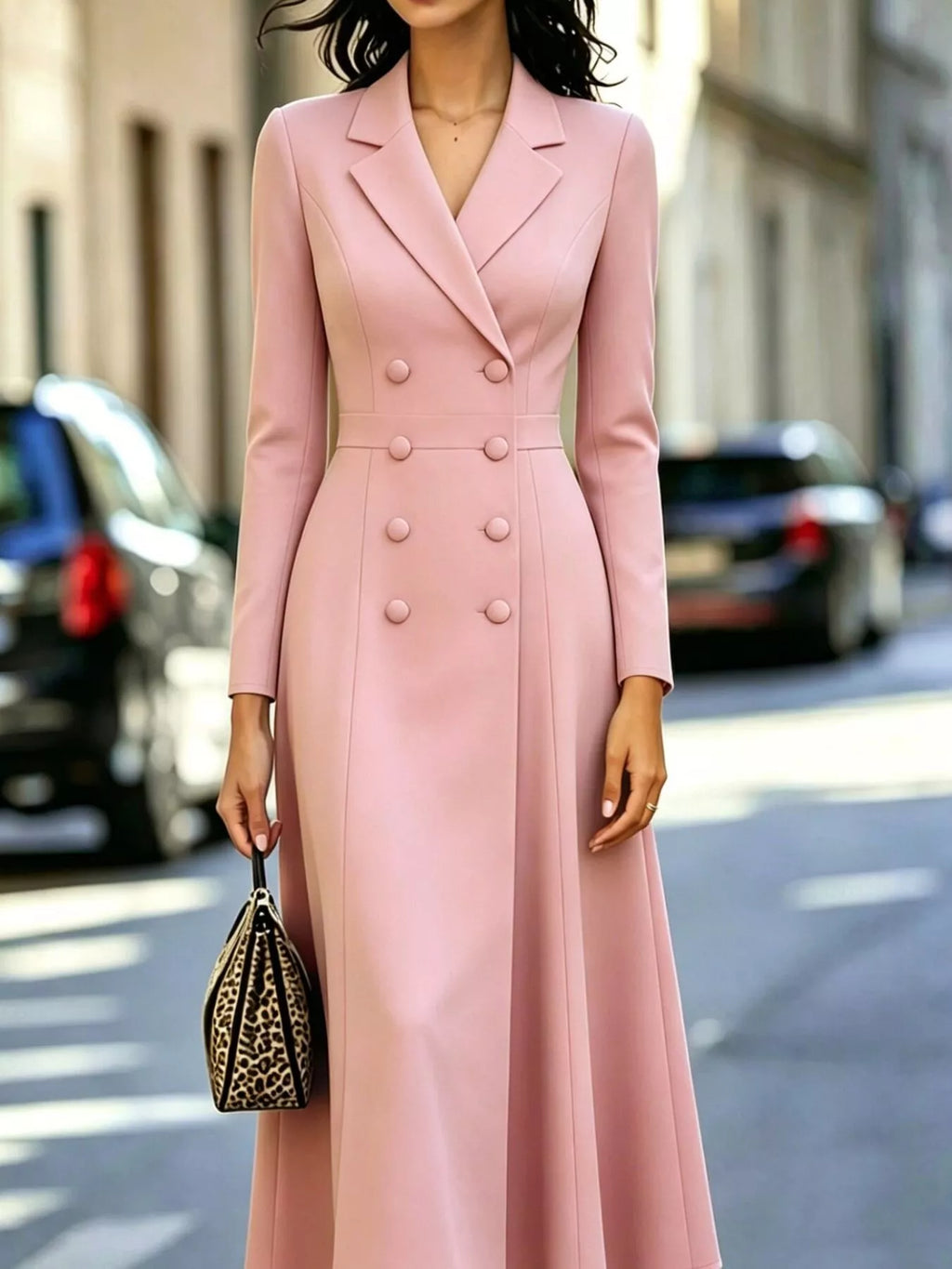 Double-Breasted Lapel-Collar Long-Sleeve Midi Dress