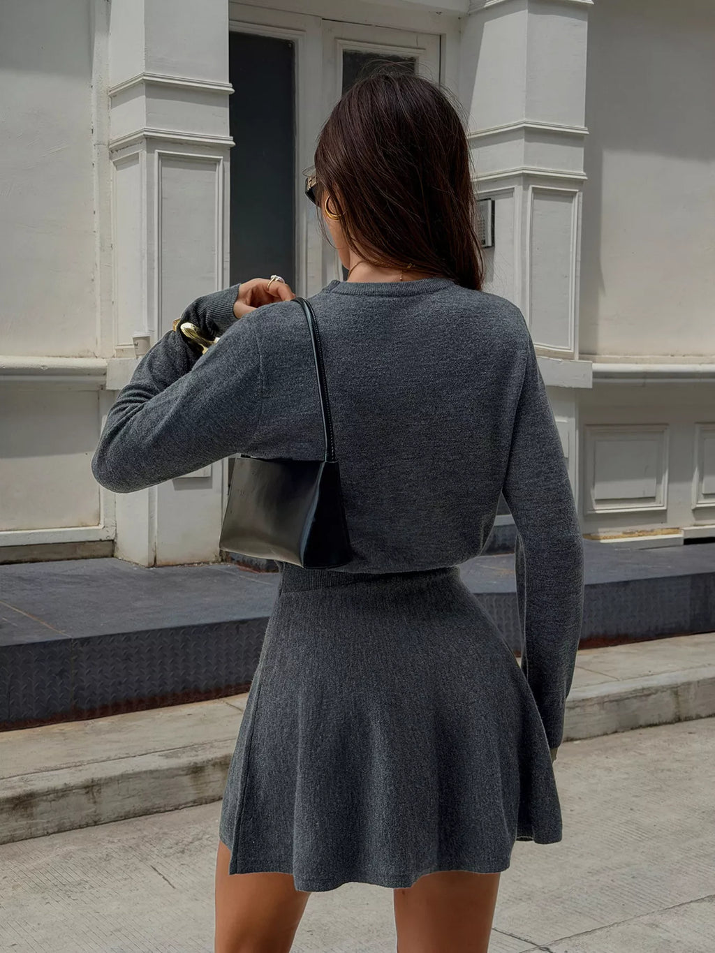 Gray Crewneck Long-Sleeve A-Line Sweater Dress