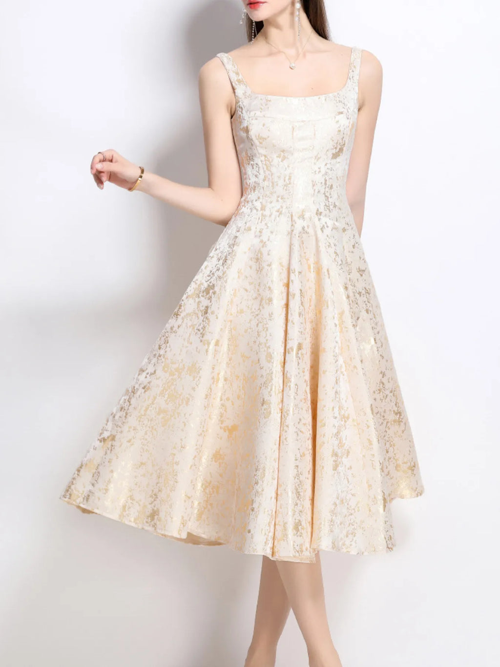 Apricot Floral Sleeveless A-Line Midi Dress