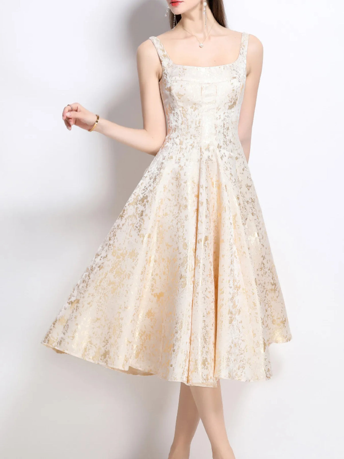 Apricot Floral Sleeveless A-Line Midi Dress