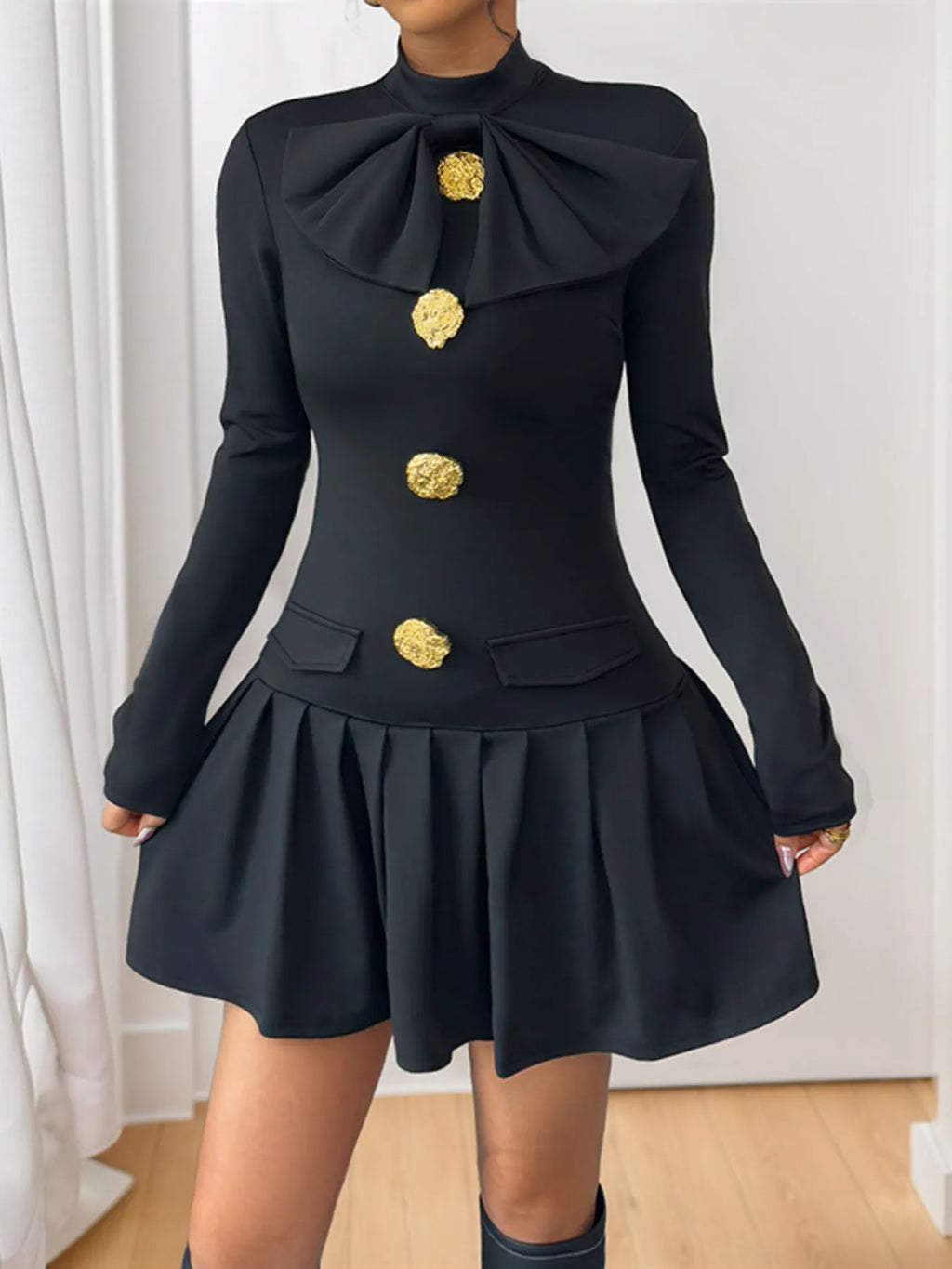 Perfee Black Decorative-Button Mock-Neck Mini Dress