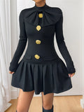 Perfee Black Decorative-Button Mock-Neck Mini Dress