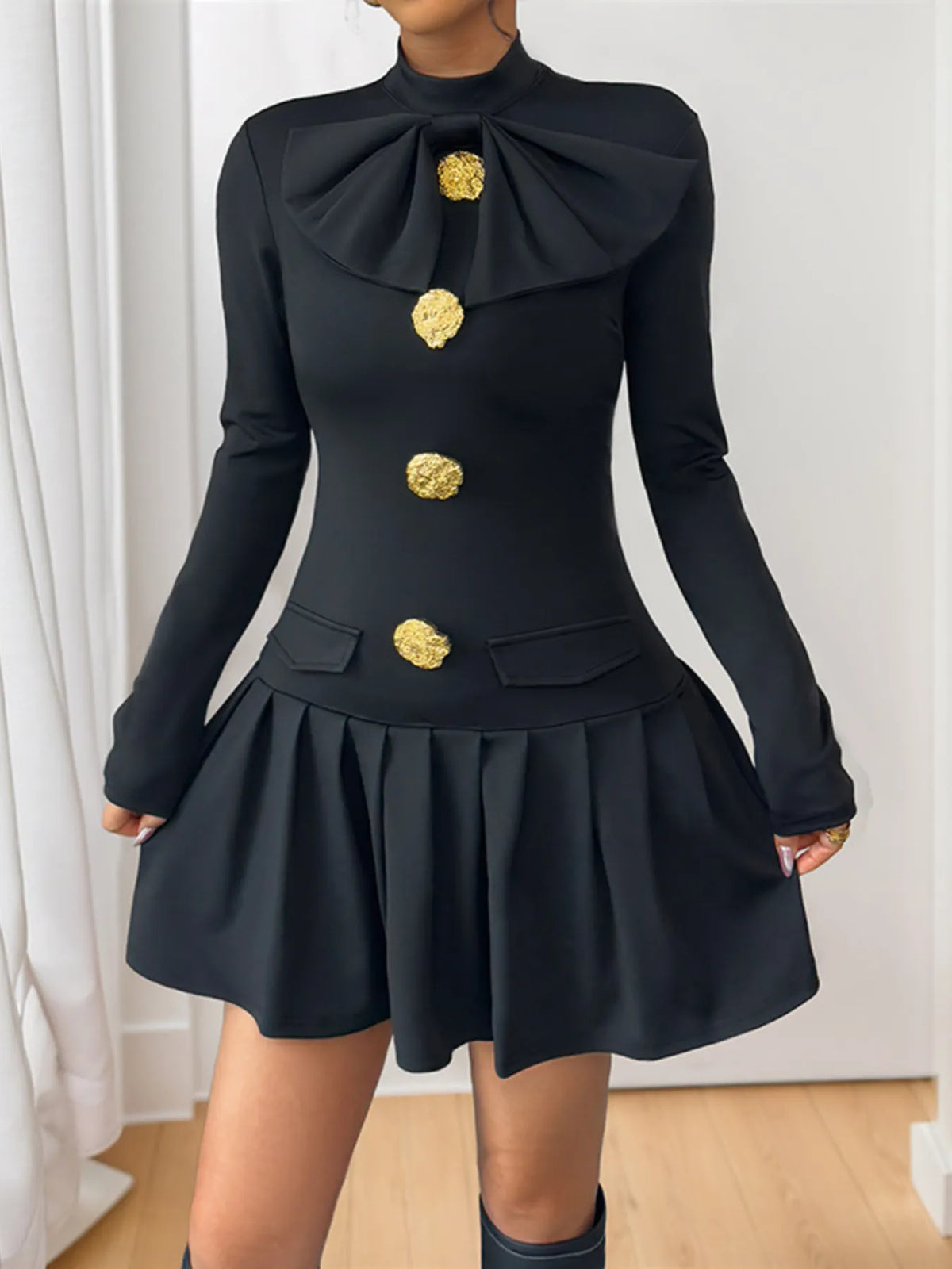 Perfee Black Decorative-Button Mock-Neck Mini Dress