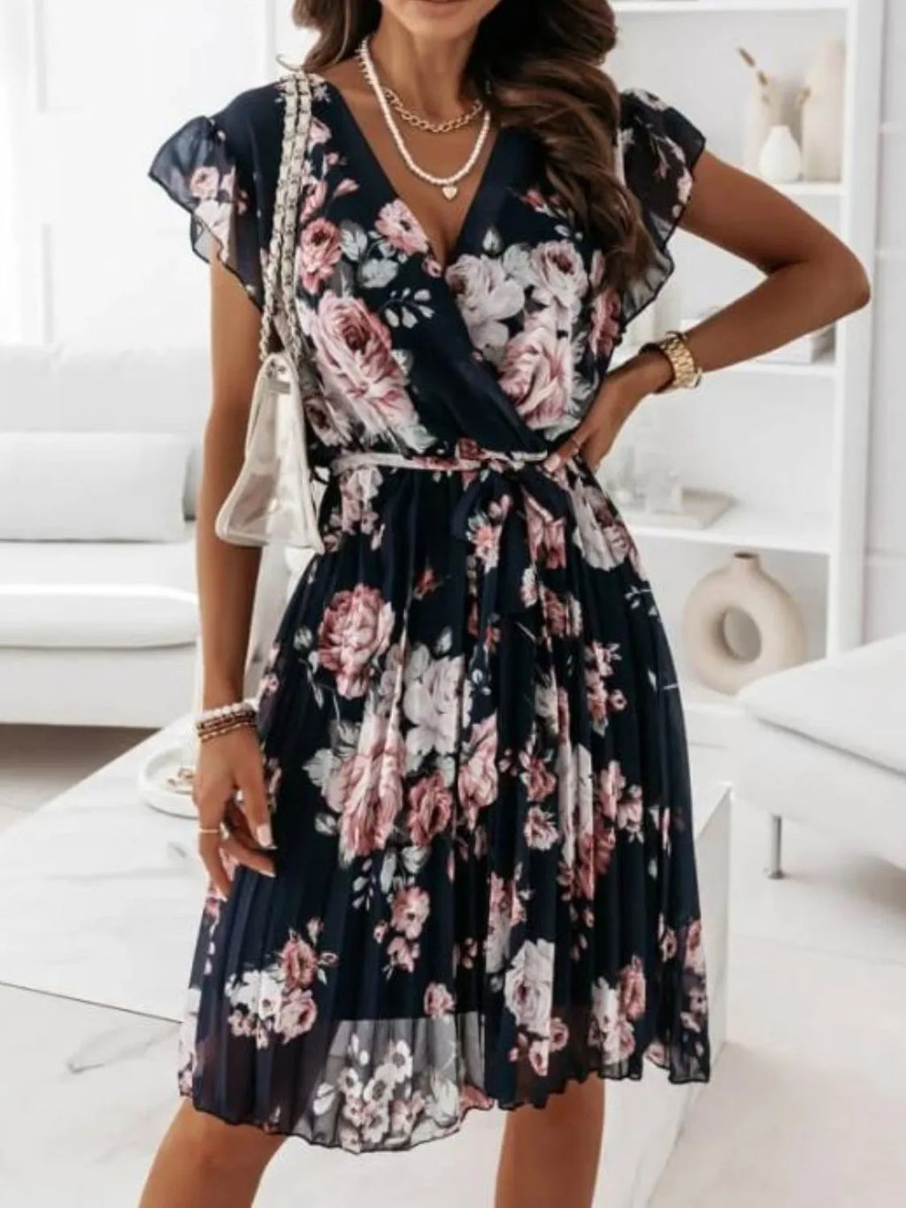 Floral Surplice Tie-Waist Ruffle-Cap-Sleeve Dress