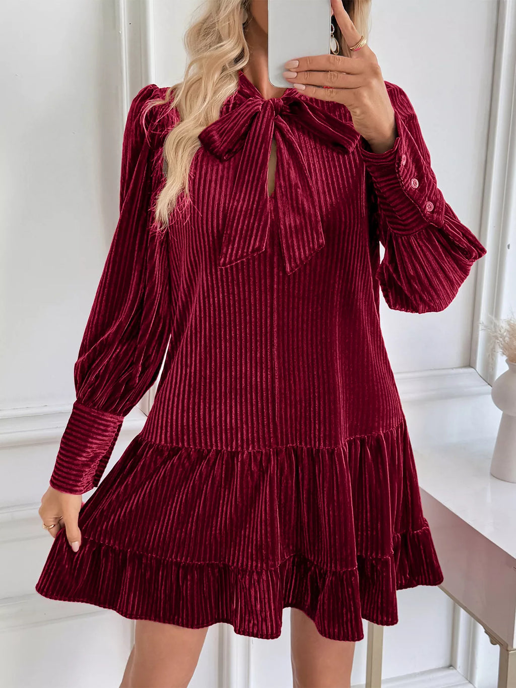 Perfee Burgundy Tie-Neck Velvet Tiered Mini Dress