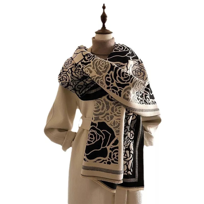 Rose-Pattern Polyester Raw-Hem Scarf