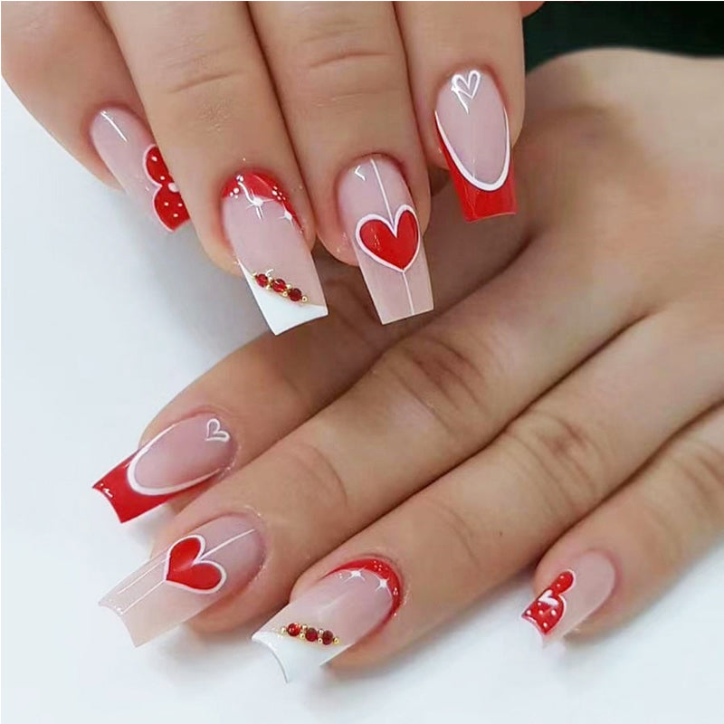 Red & White Heart Press-On Nails – 24 PCS Long Square Head | Valentine's Day Romantic Nail Art — Prime Trend Market