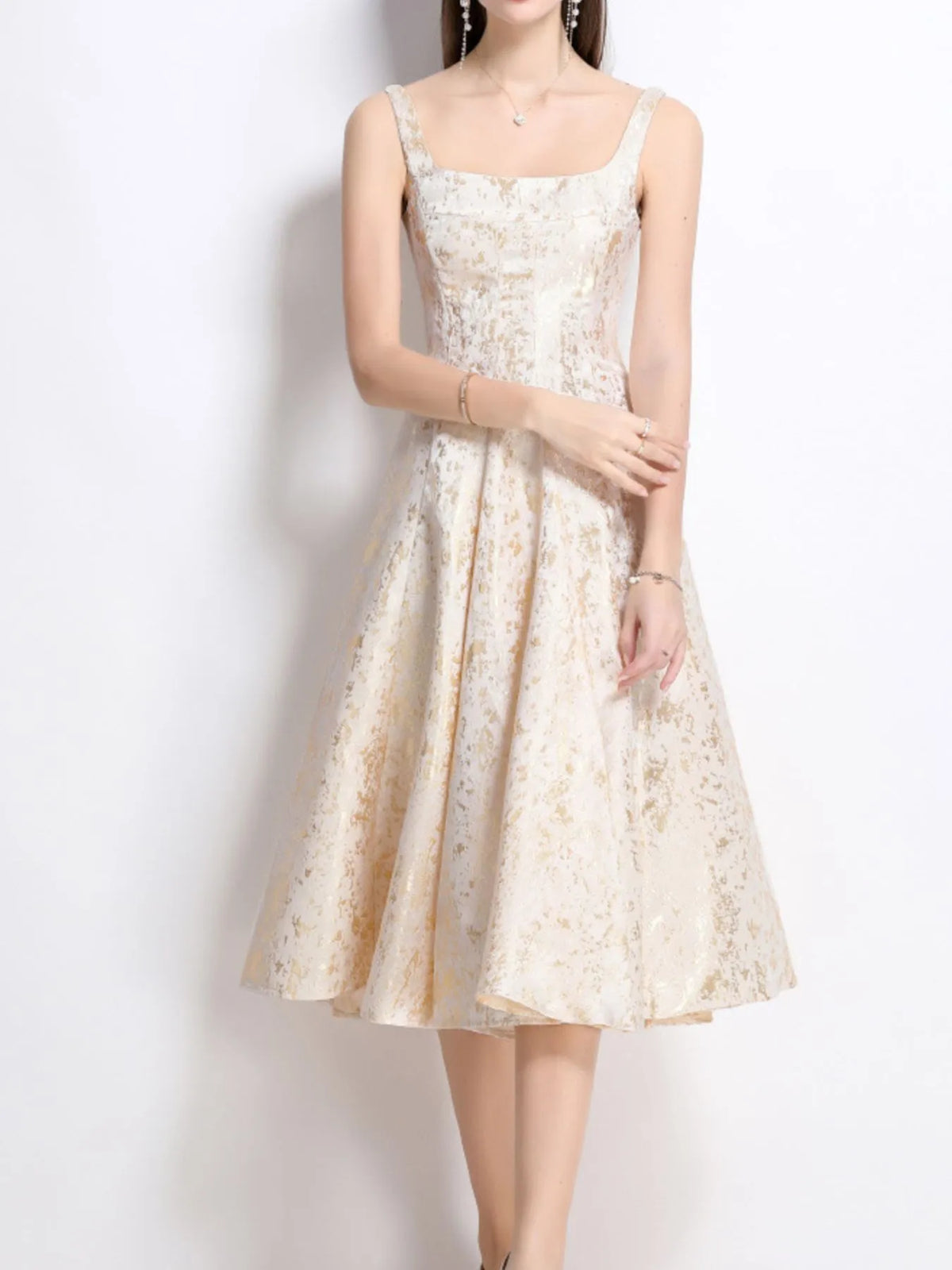 Apricot Floral Sleeveless A-Line Midi Dress