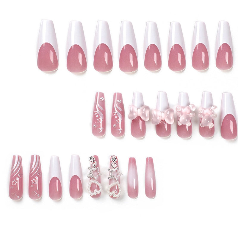 Bear Bow-Knot Press On Nails — 24 PCS Long Square Kawaii Fake Nails | Y2K Nail Art — Prime Trend Market