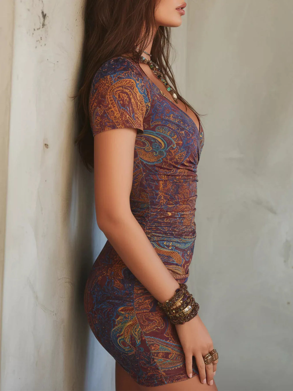 Printed V-Neck Short-Sleeve Ruched Bodycon Mini Dress