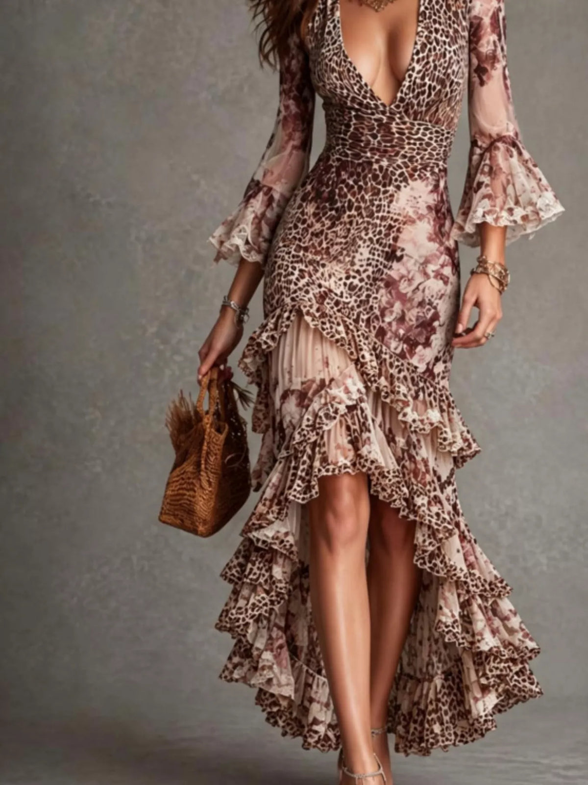 Dusty Pink Leopard-Print Ruffled High-Low Maxi Dress
