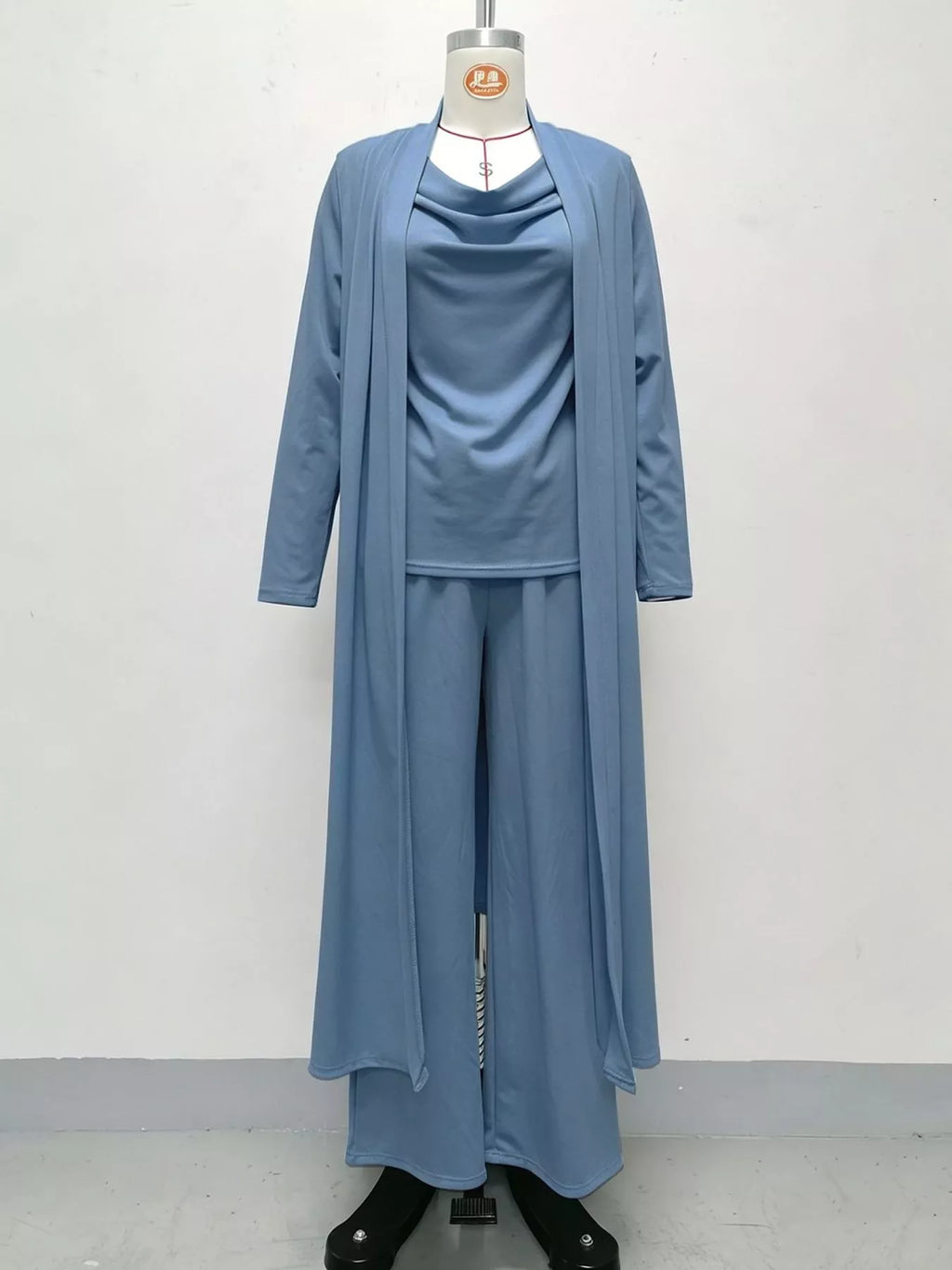 Cowl-Neck Top, Cardigan & Wide-Leg Pants Three-Piece Set