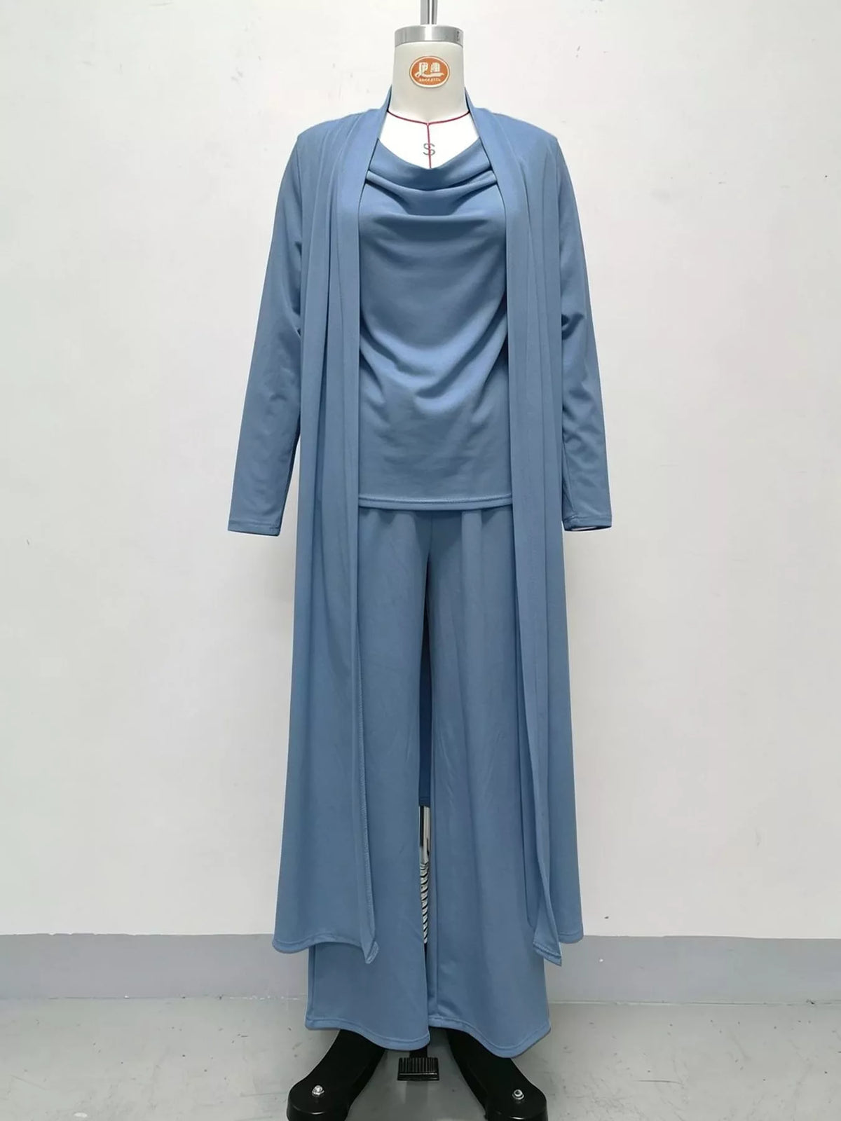 Cowl-Neck Top, Cardigan & Wide-Leg Pants Three-Piece Set