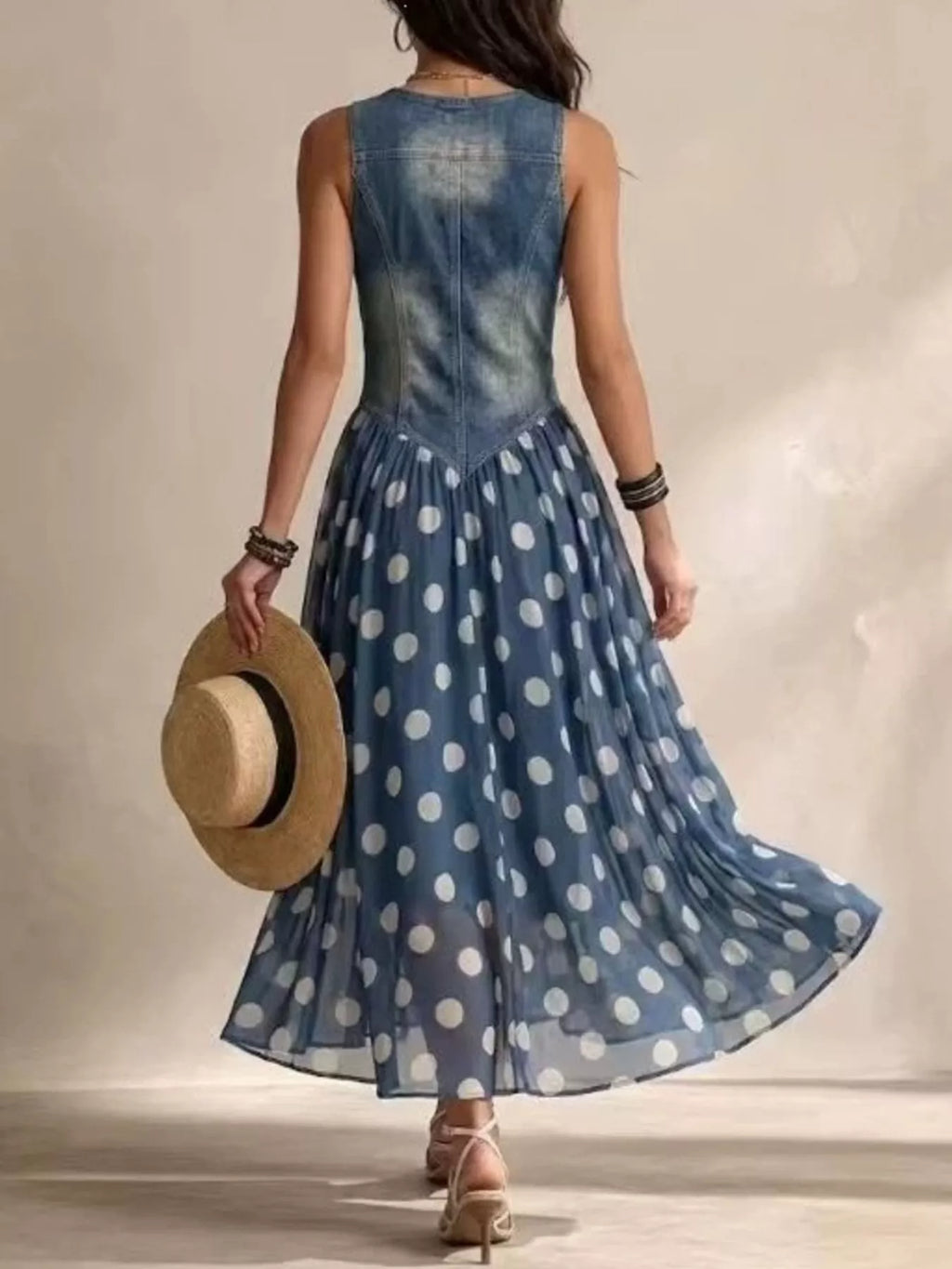 Polka-Dot V-Neck Sleeveless Maxi Dress, S–3XL