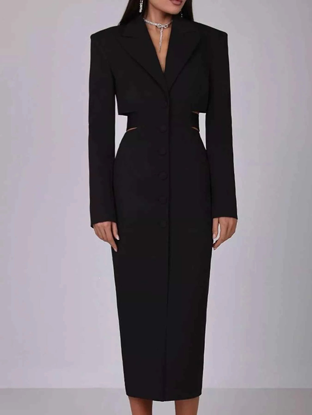 Button-Front Cutout-Waist Blazer Dress