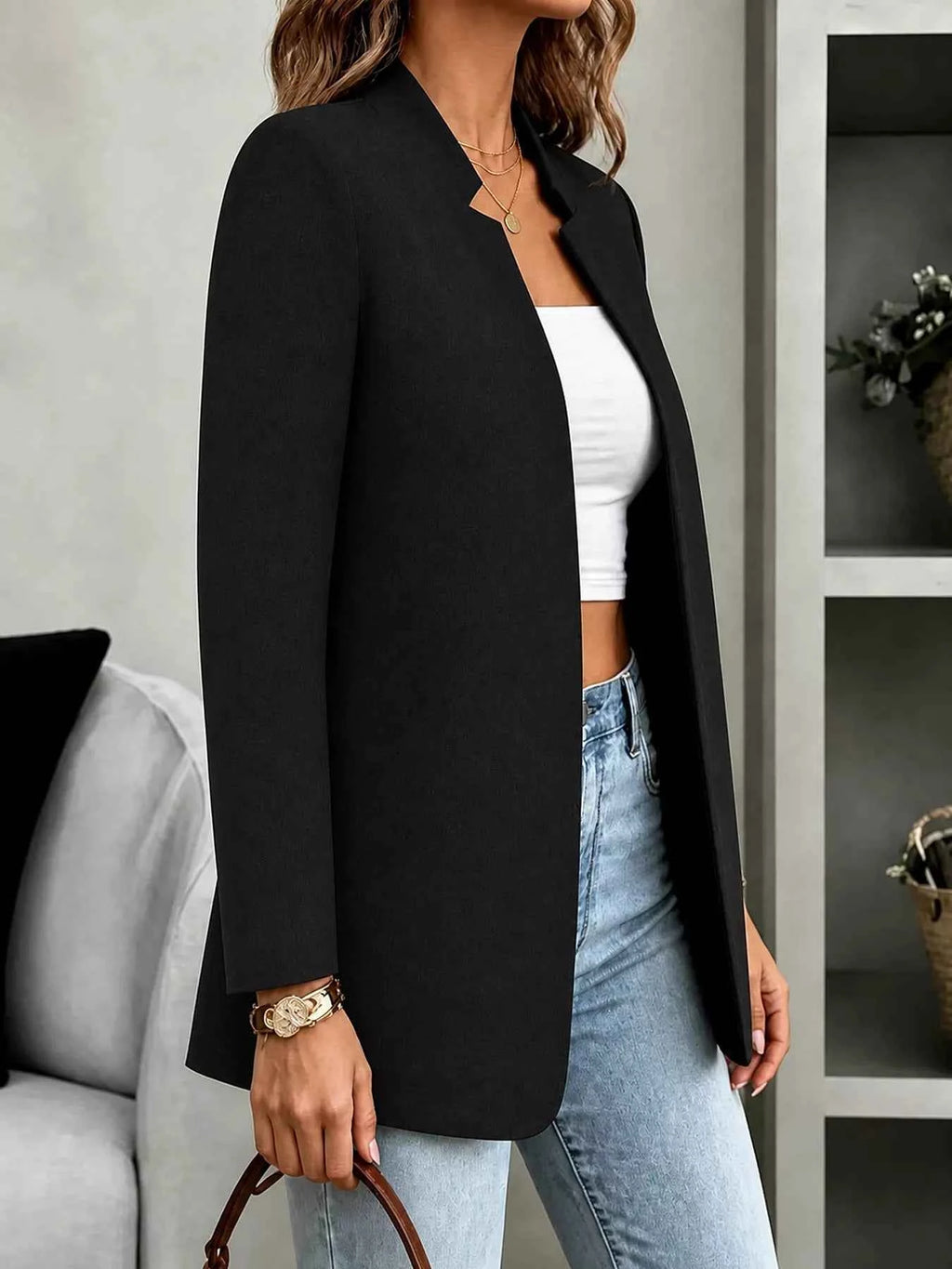 Black Unlined Open-Front Long-Sleeve Blazer
