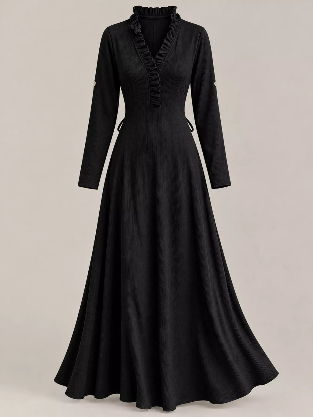 Frill V-Neck Roll-Tab Sleeve Maxi Dress, XS–3XL