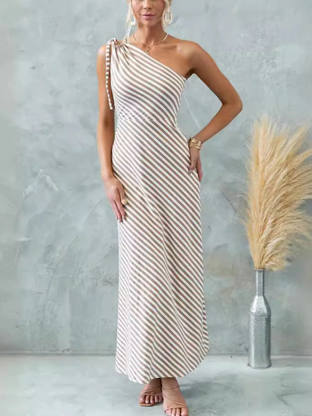 One-Shoulder Striped Tie-Detail Maxi Dress