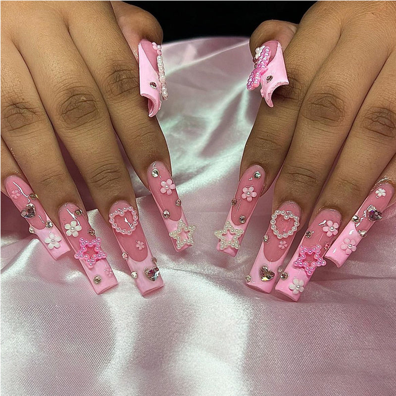 24 PCS Pearl Love Star Press-On Nails — Long Square Fake Nails with Pearl & Star Nail Art — Prime Trend Market