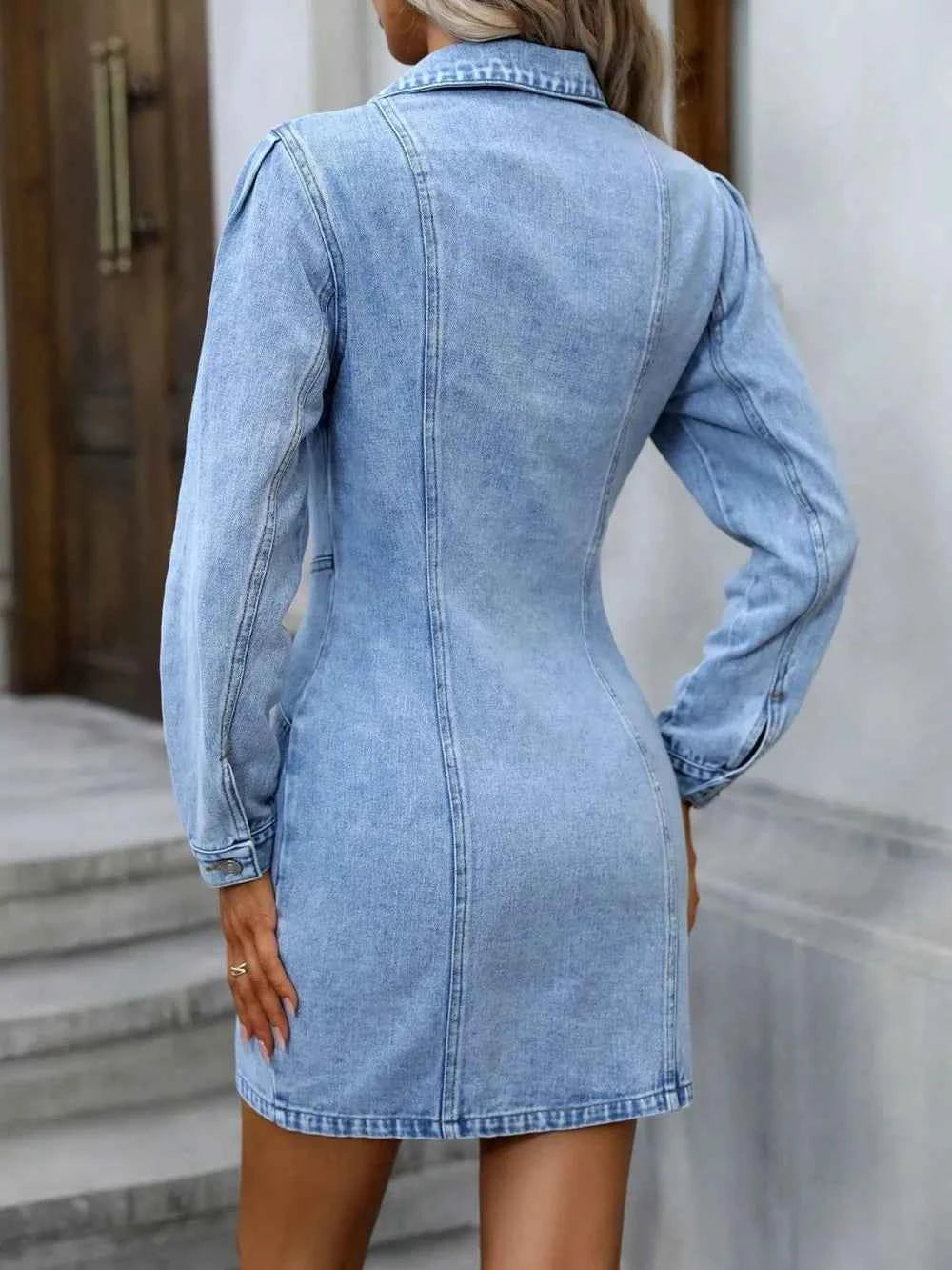 Collared Button-Up Long-Sleeve Denim Mini Dress