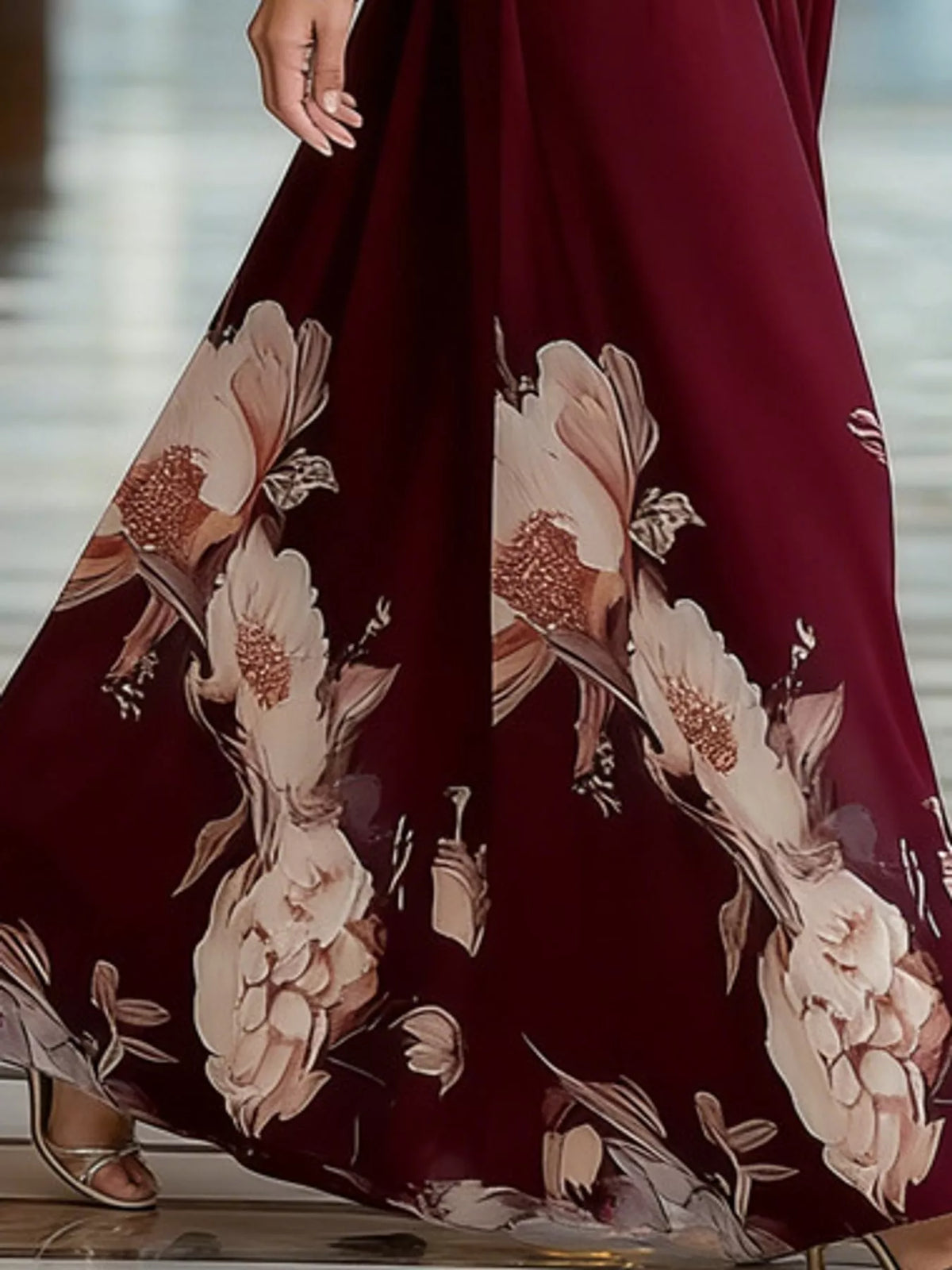 Floral V-Neck Sheer-Sleeve Ruched Maxi Dress