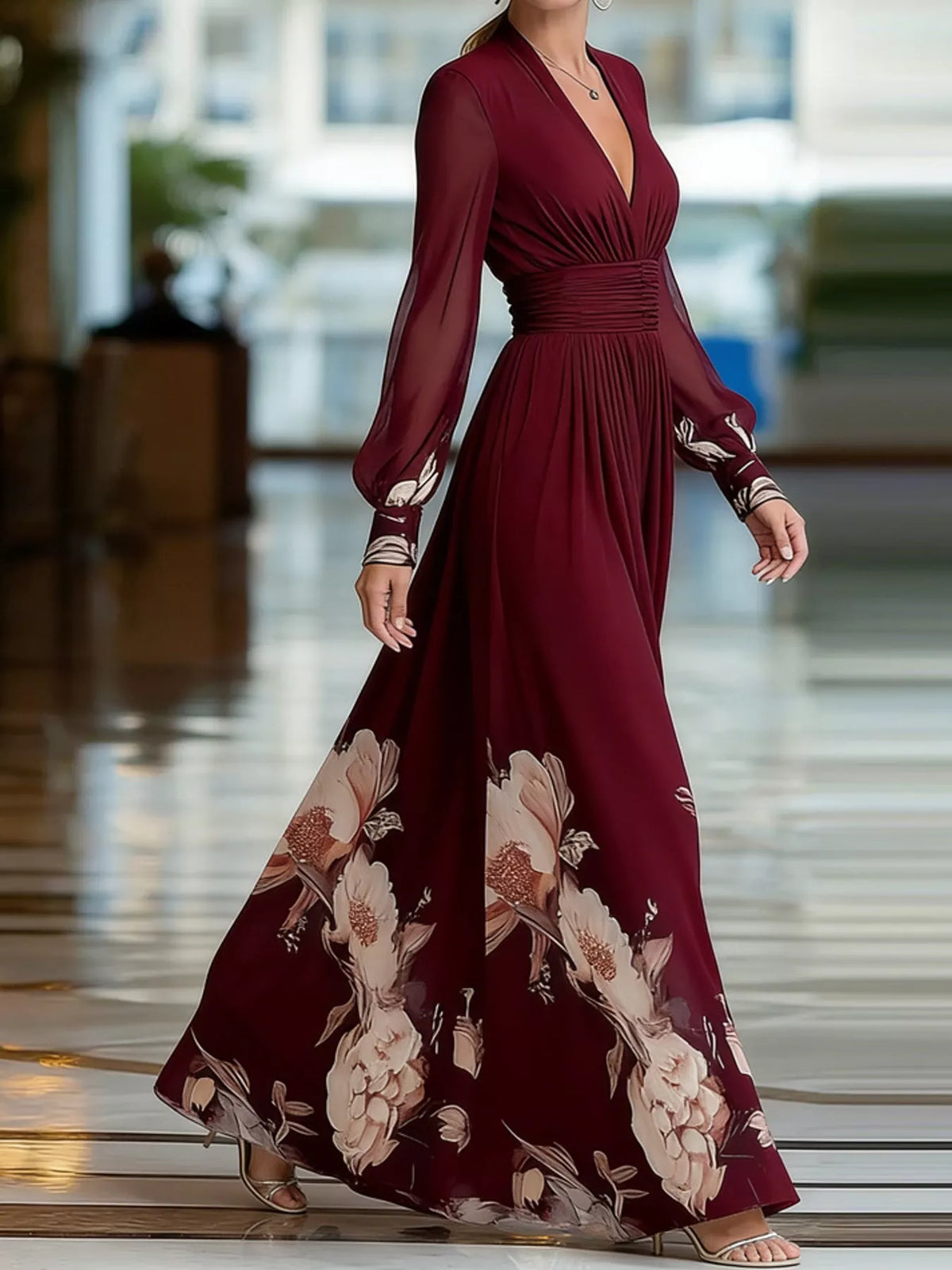 Floral V-Neck Sheer-Sleeve Ruched Maxi Dress