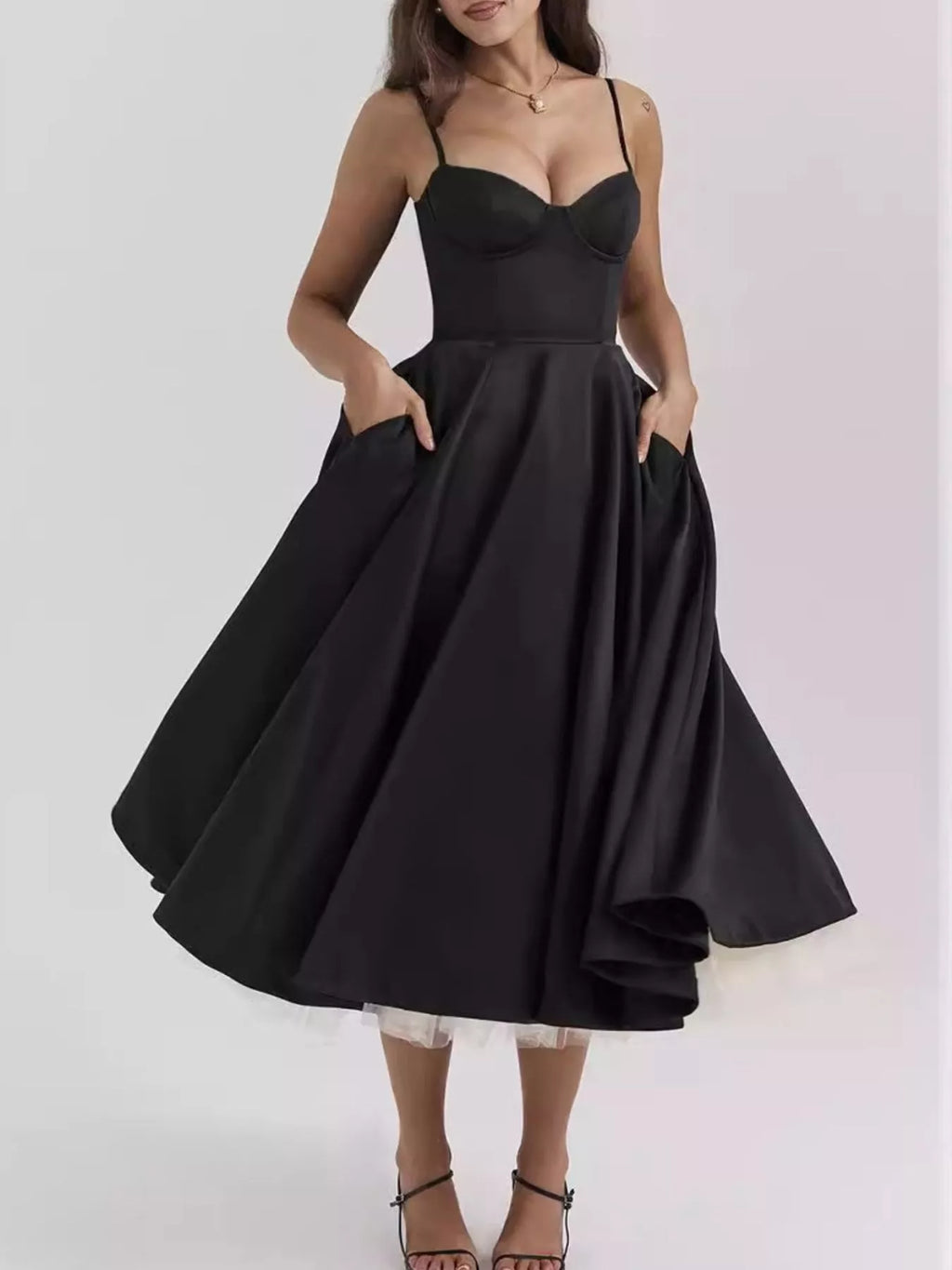 Sweetheart-Neck Pocketed A-Line Midi Dress