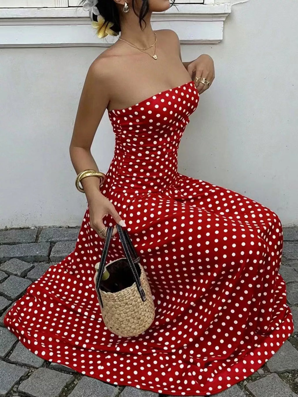 Strapless Polka-Dot Ruched Maxi Dress, S–2XL