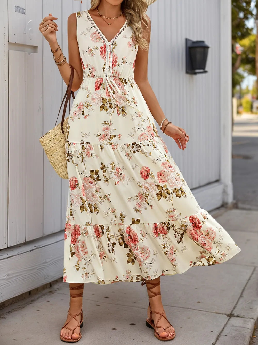 Floral V-Neck Ruffle-Hem Dress