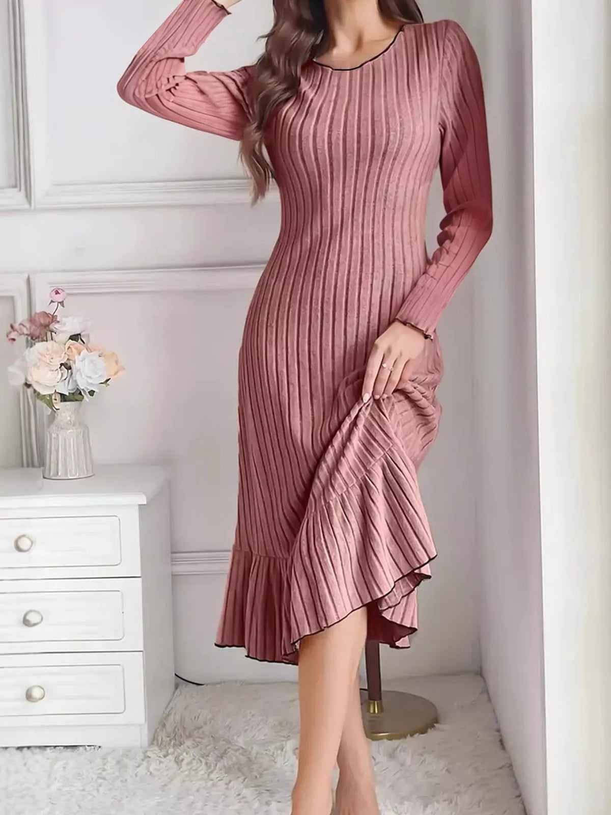 Long-Sleeve Ribbed Knit Ruffle-Hem Midi Dress, S–3XL